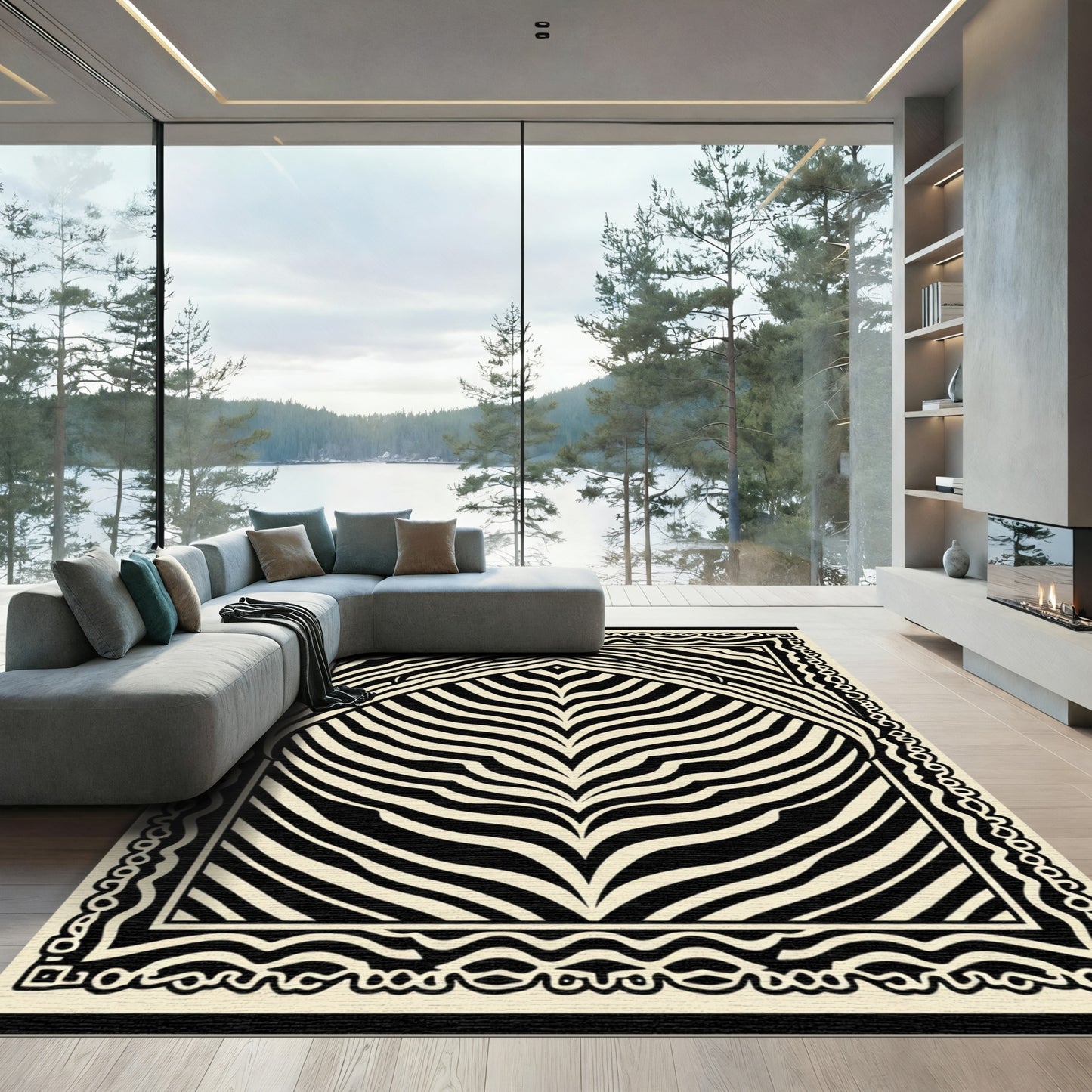 Black Cream Striped Arch Border Rug