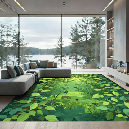 Enchanted Forest Insects Lush Foliage Scene Rug