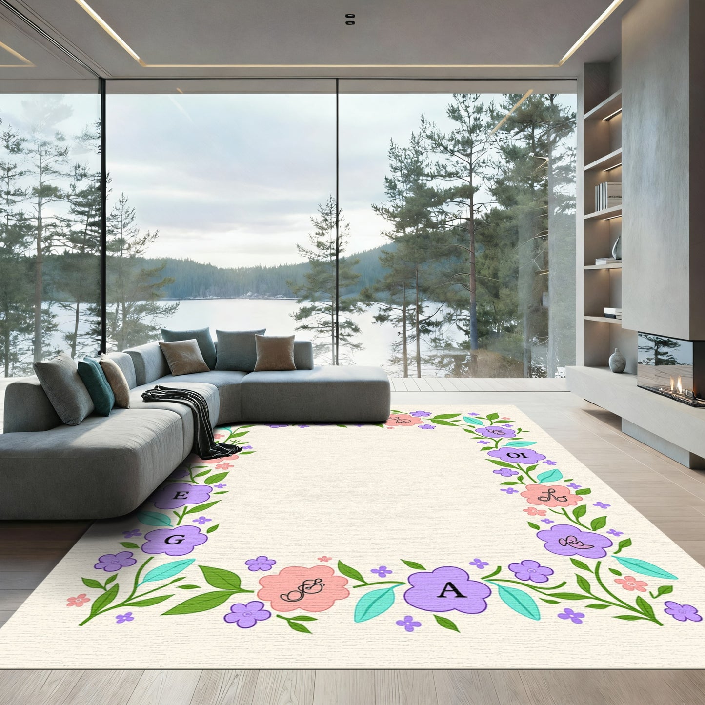 Pastel Floral Alphabet Frame Rug