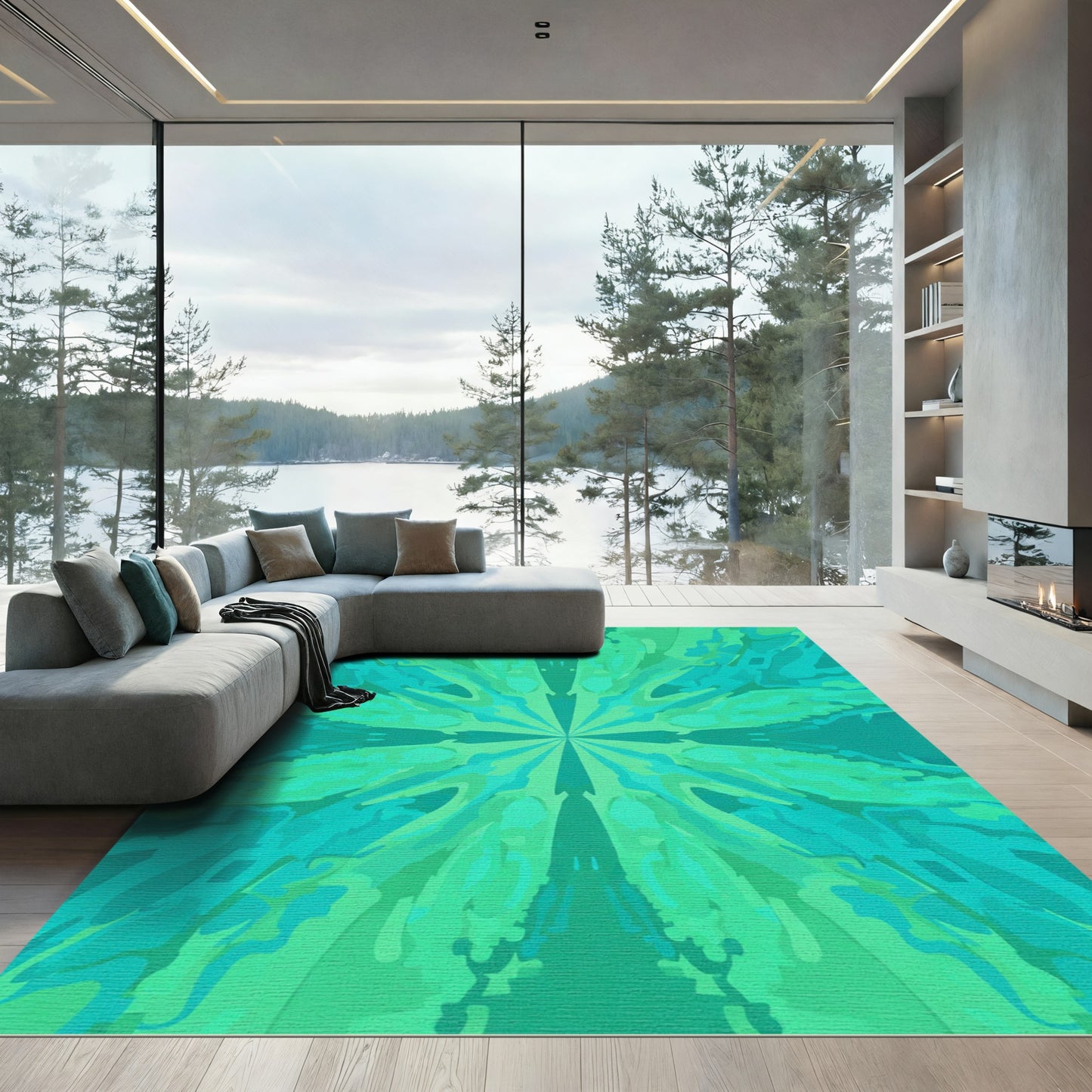 Teal Green Abstract Starburst Symmetry Rug
