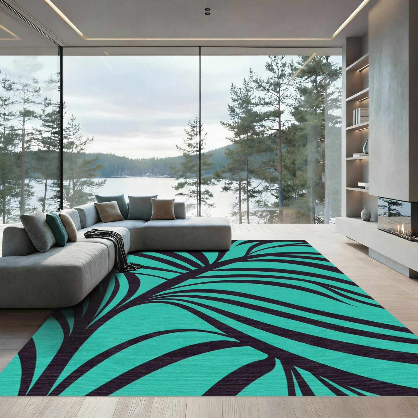 Aqua Black Art Deco Swirl Rug