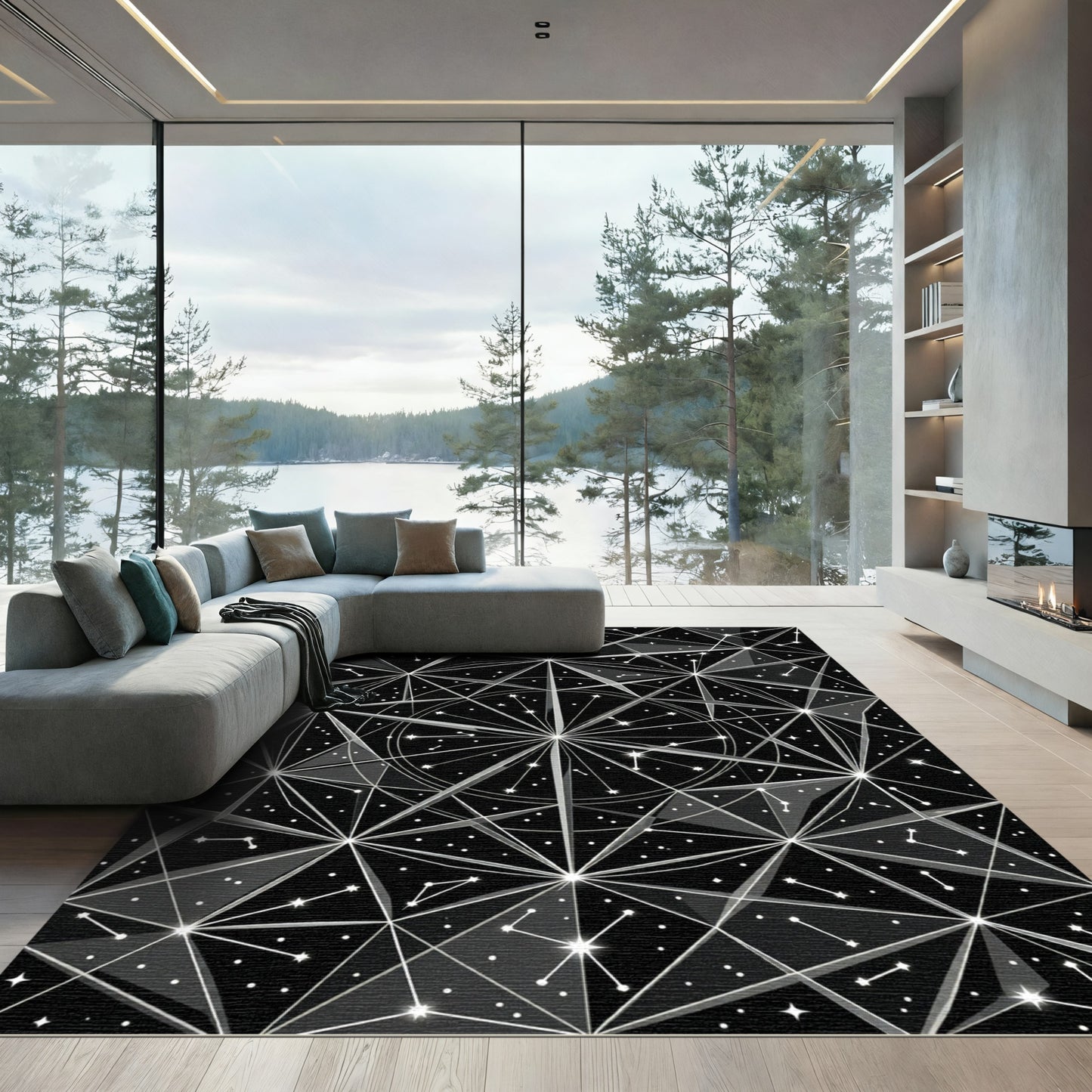 Monochrome Celestial Geometric Constellation Art Rug