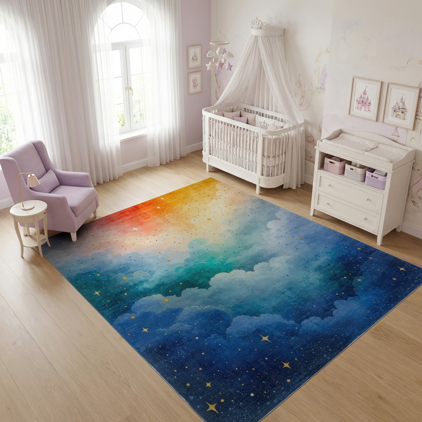 Radiant Blue Orange Starry Clouds Rug