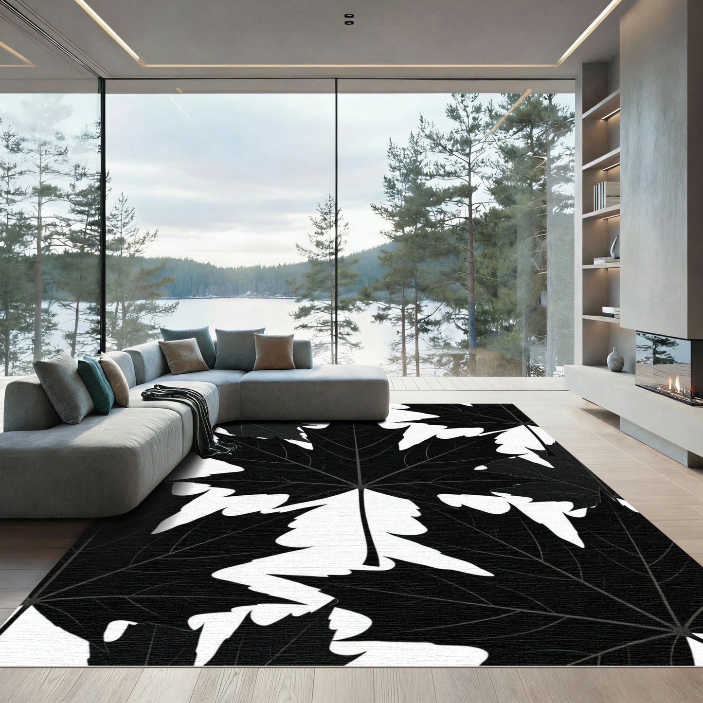 Monochromatic Black Maple Leaf Botanical Rug