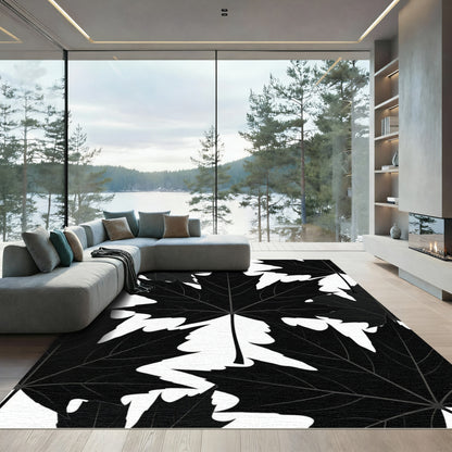 Monochromatic Black Maple Leaf Botanical Rug