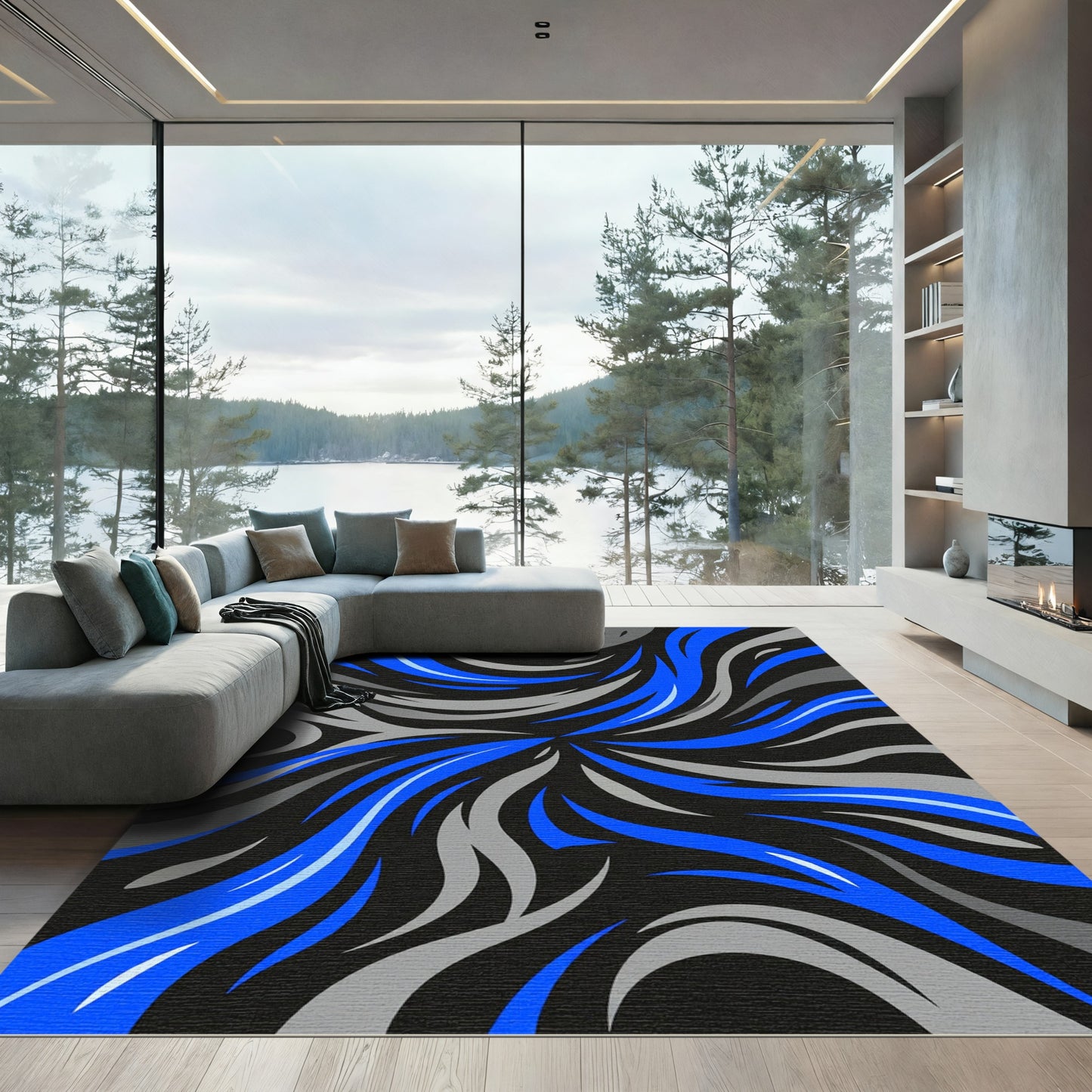 Dynamic Electric Blue Gray Swirl Rug