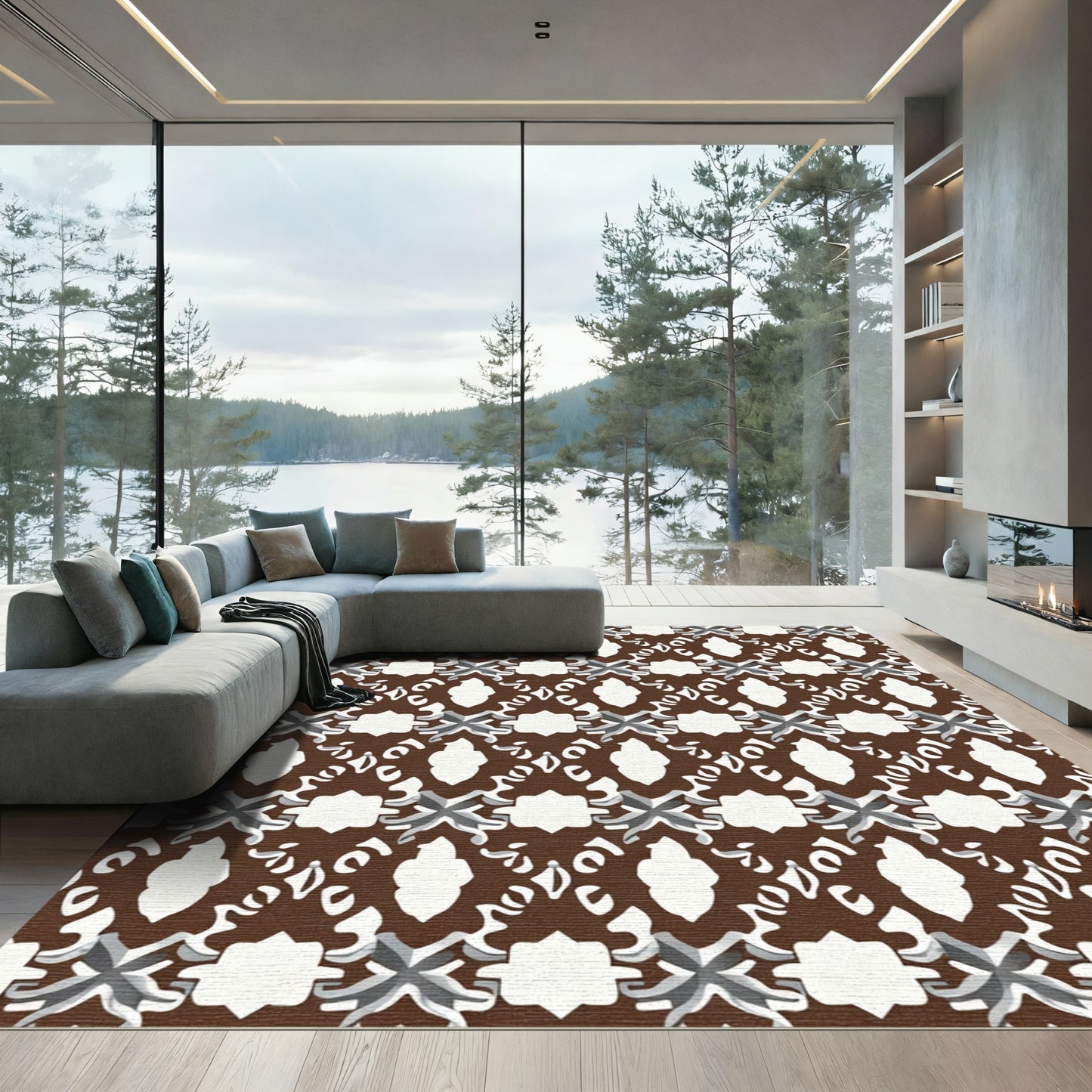 Brown White Gray Geometric Medallion Rug