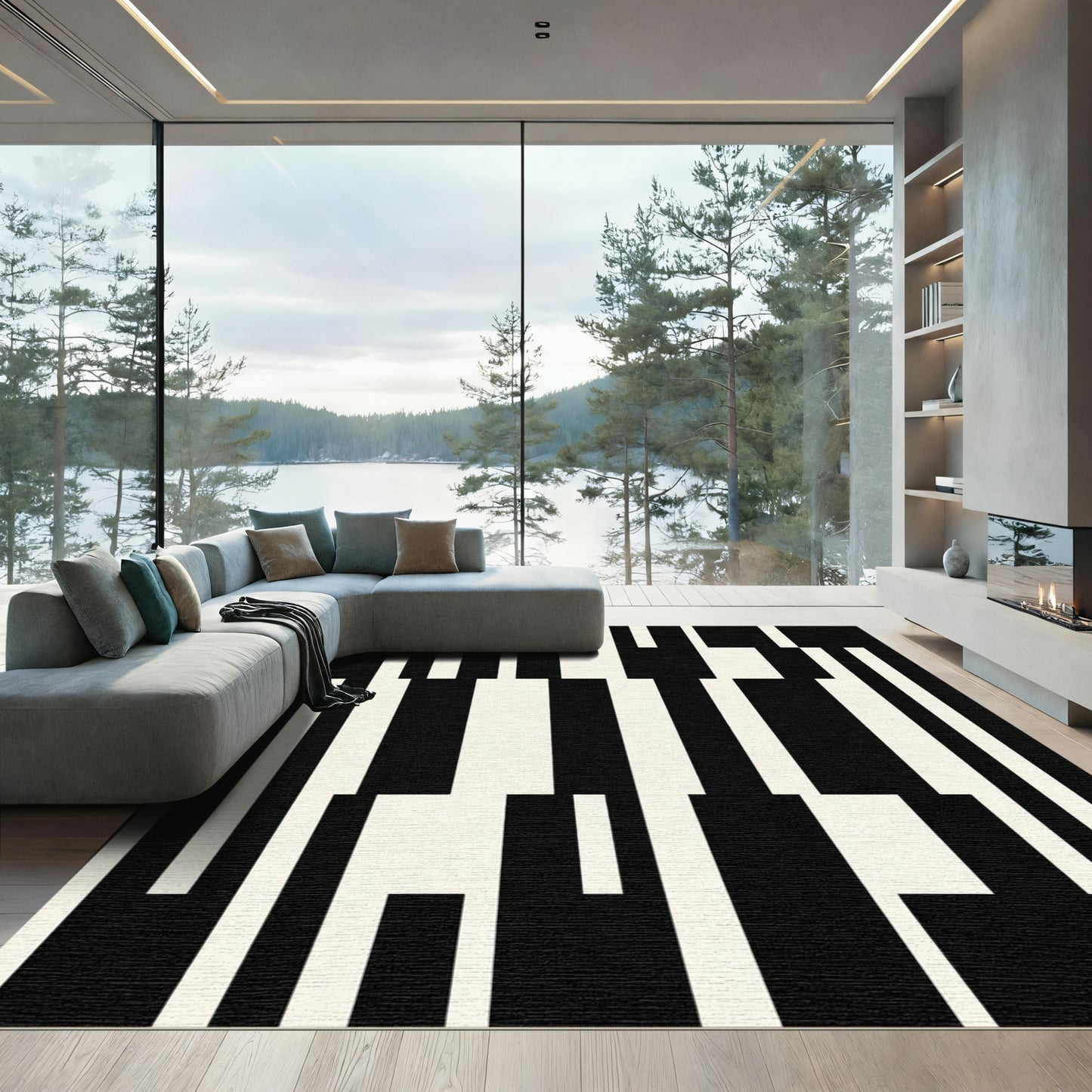 Monochrome Black White Geometric Bars Rug