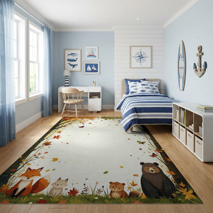 Whimsical Autumn Woodland Fox Bear Rug