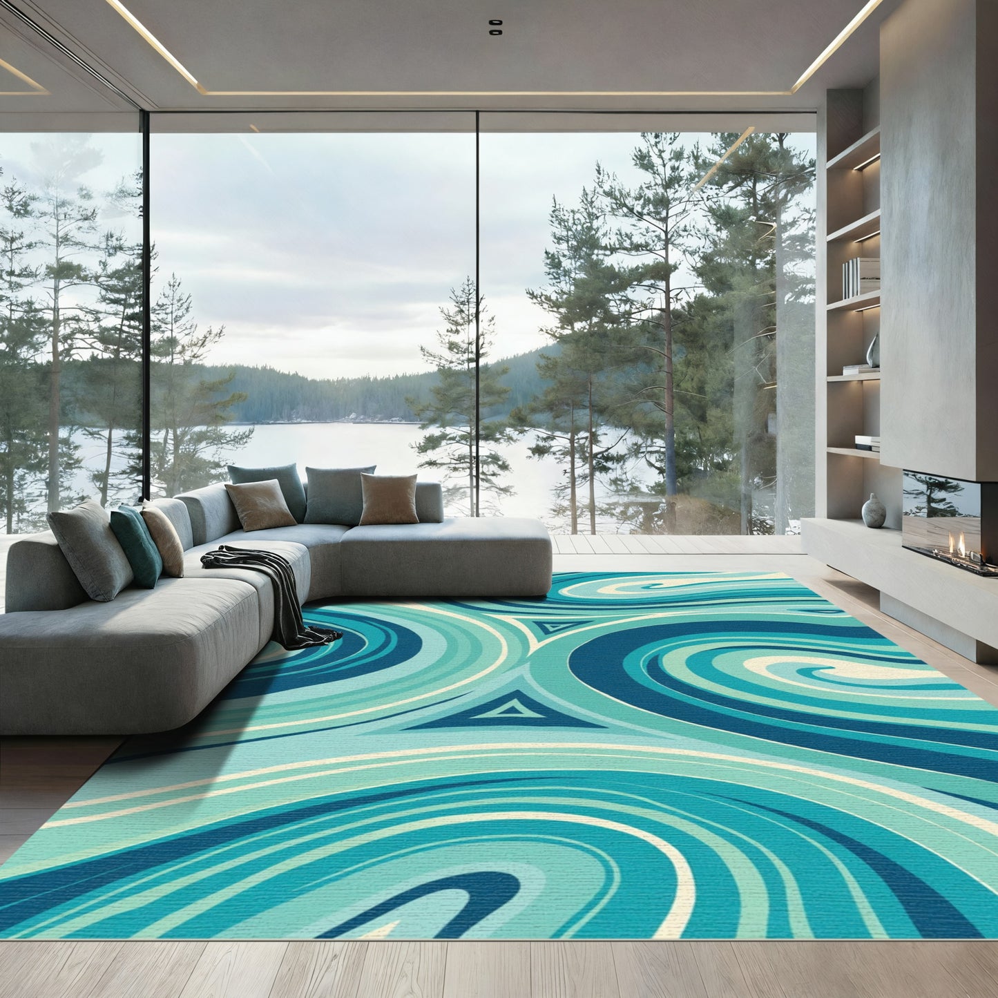 Oceanic Swirls Triangles Aqua Blue Rug