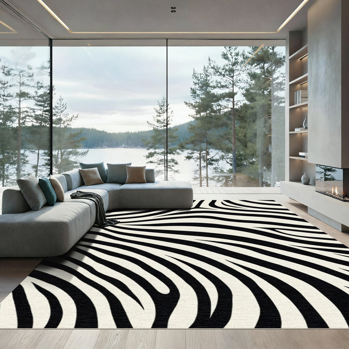 Black Cream Zebra Stripe Overlay Rug