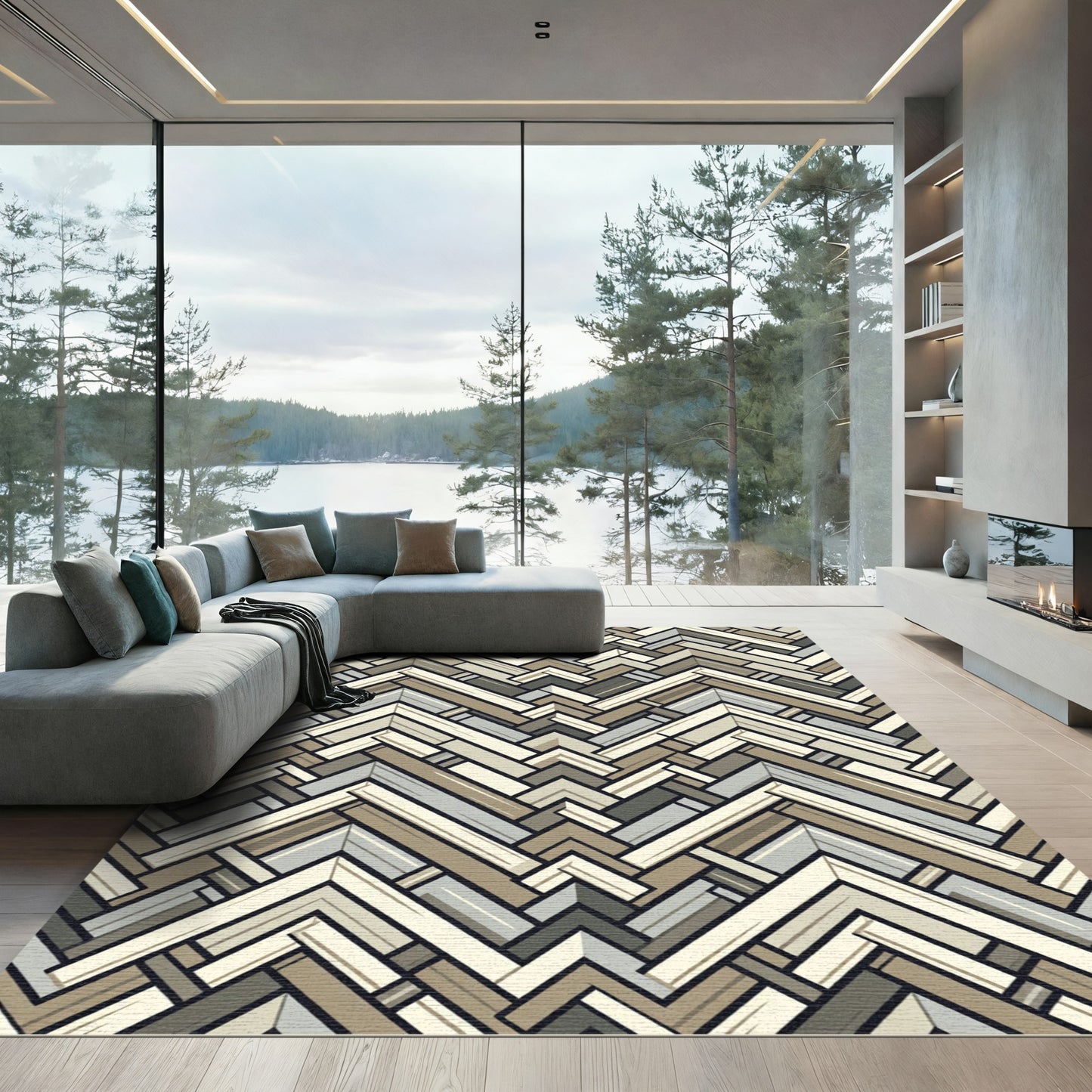 Neutral Herringbone Geometric Chevron Woven Texture Rug