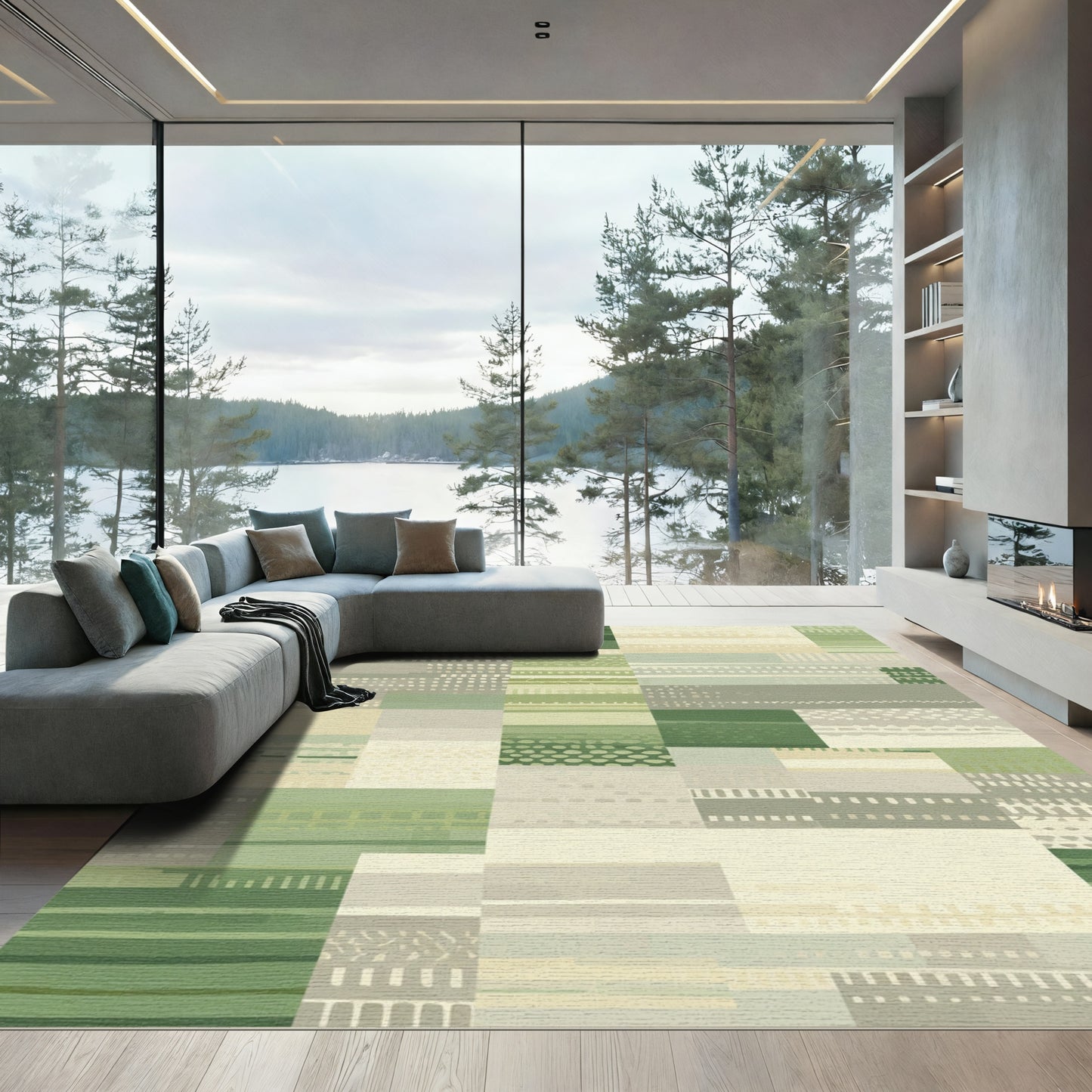 Earthy Green Tonal Patchwork Blocks Rug