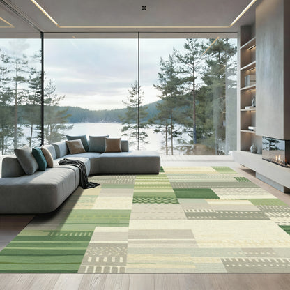 Earthy Green Tonal Patchwork Blocks Rug