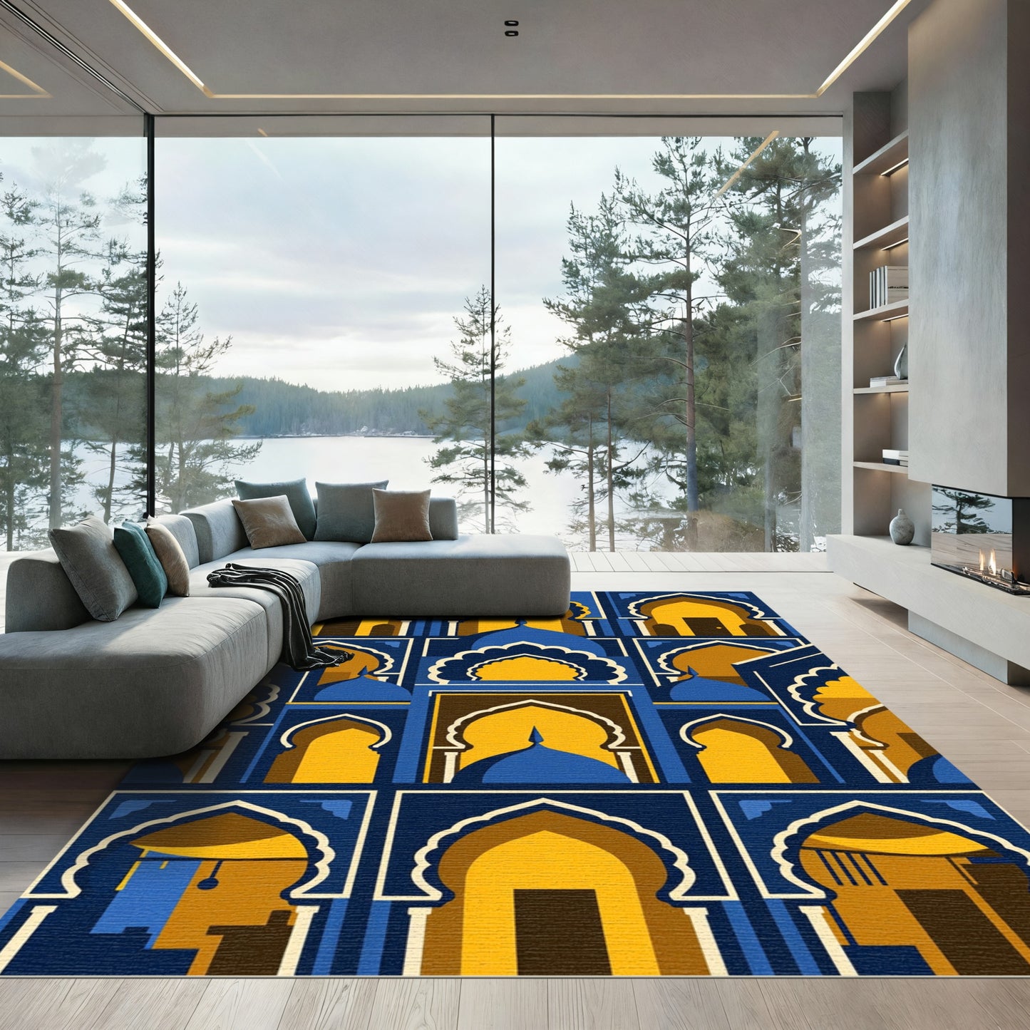 Midnight Blue Golden Arch Geometric Entryway Rug
