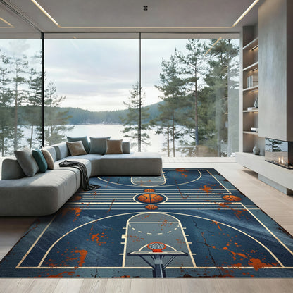 Distressed Blue Court Basketball Graphic Rug