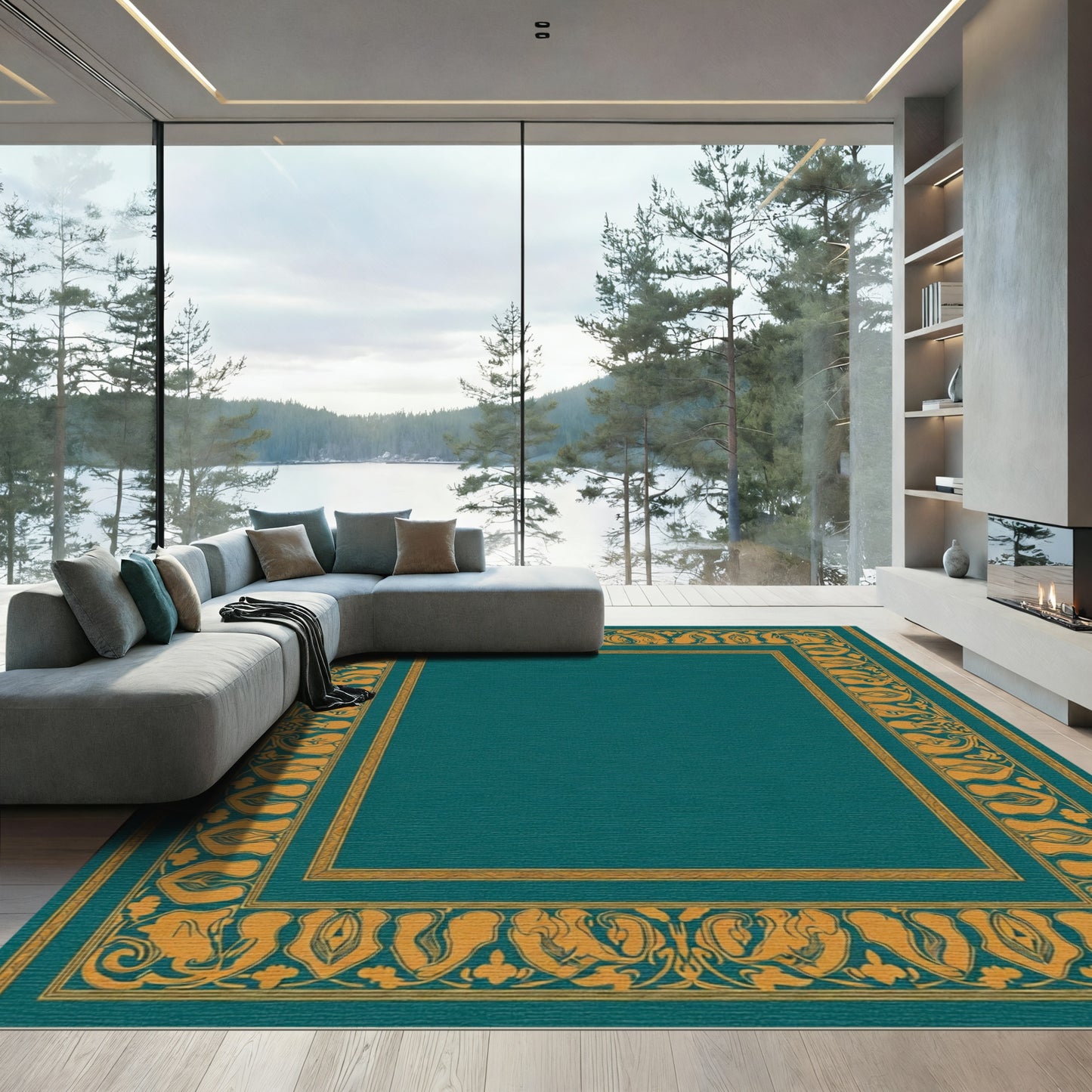 Teal Gold Floral Border Rug