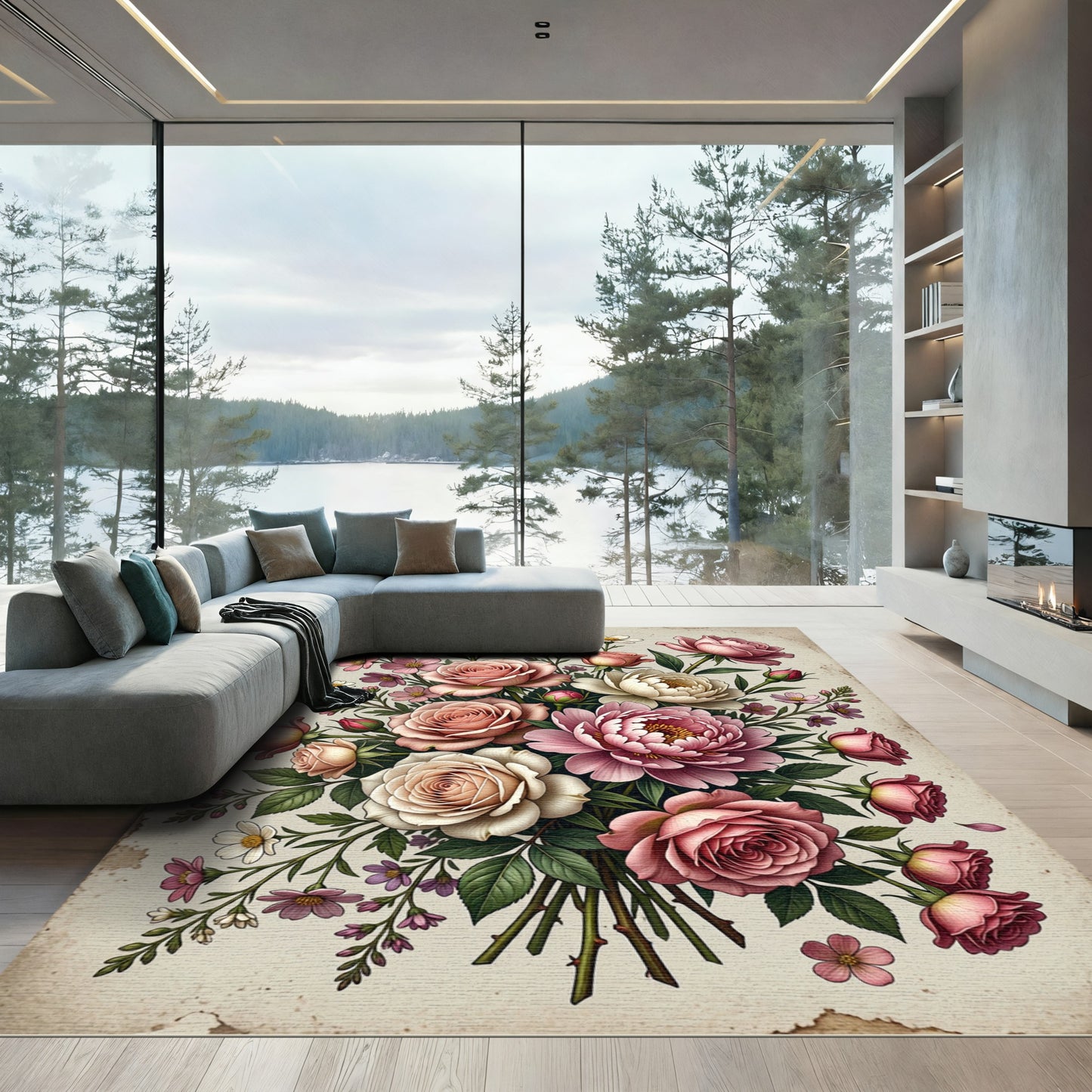 Elegant Pink Rose Floral Bouquet Rug