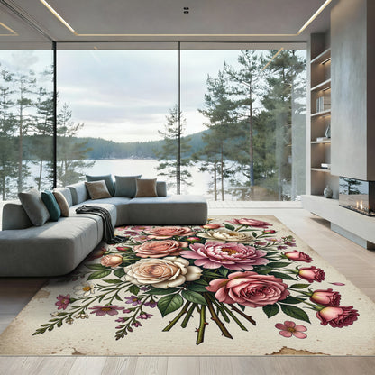 Elegant Pink Rose Floral Bouquet Rug