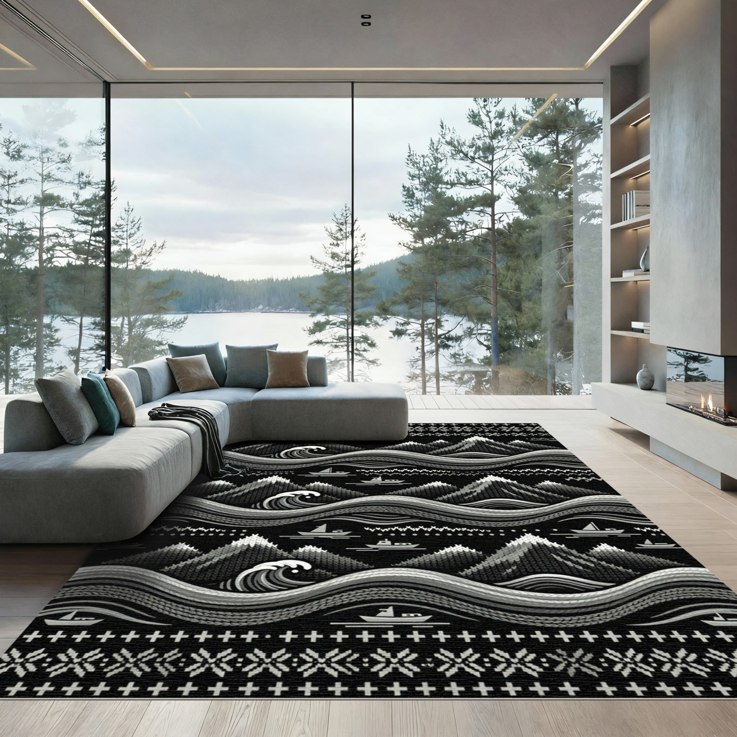 Monochromatic Mountain Wave Boat Scene Rug