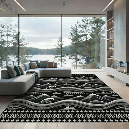 Monochromatic Mountain Wave Boat Scene Rug