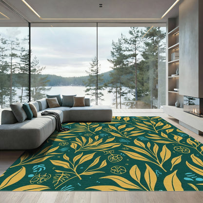 Golden Leafy Branches Teal Harmony Rug