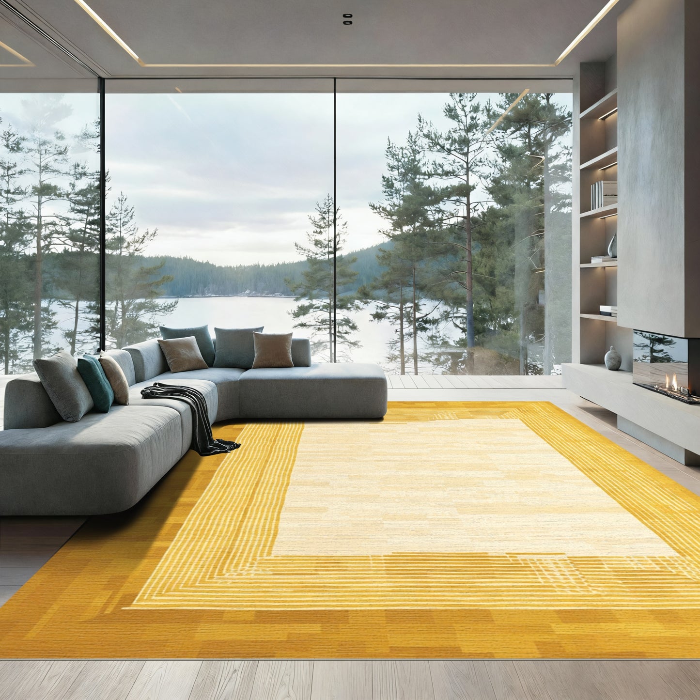 Golden Square Geometric Lined Rug