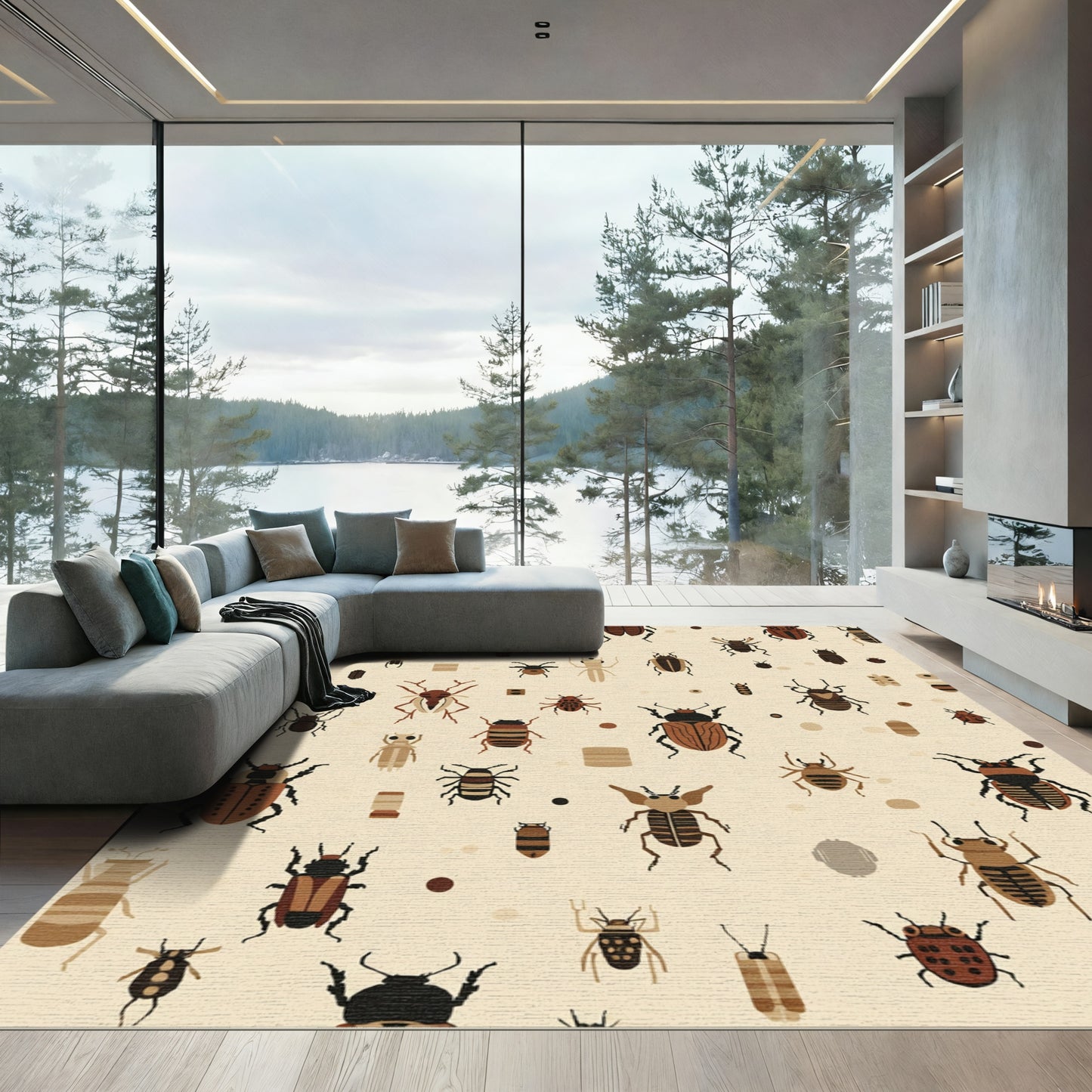 Brown Beetles Scattered Across Cream Background Rug