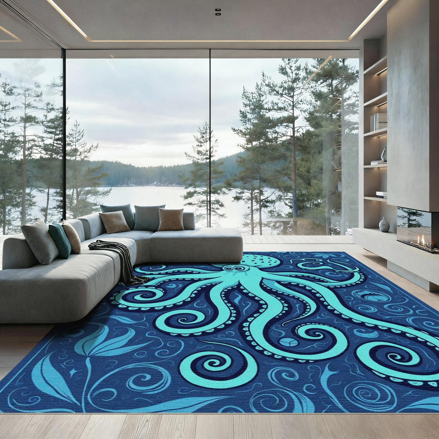 Teal Octopus Swirl Floral Rug