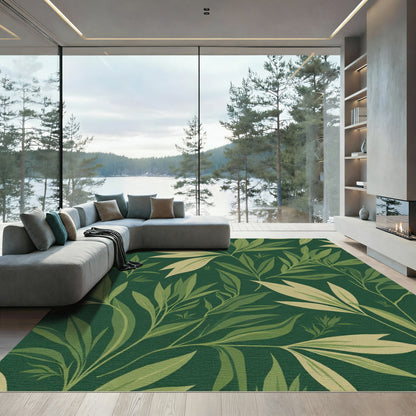 Deep Forest Green Leafy Botanical Rug