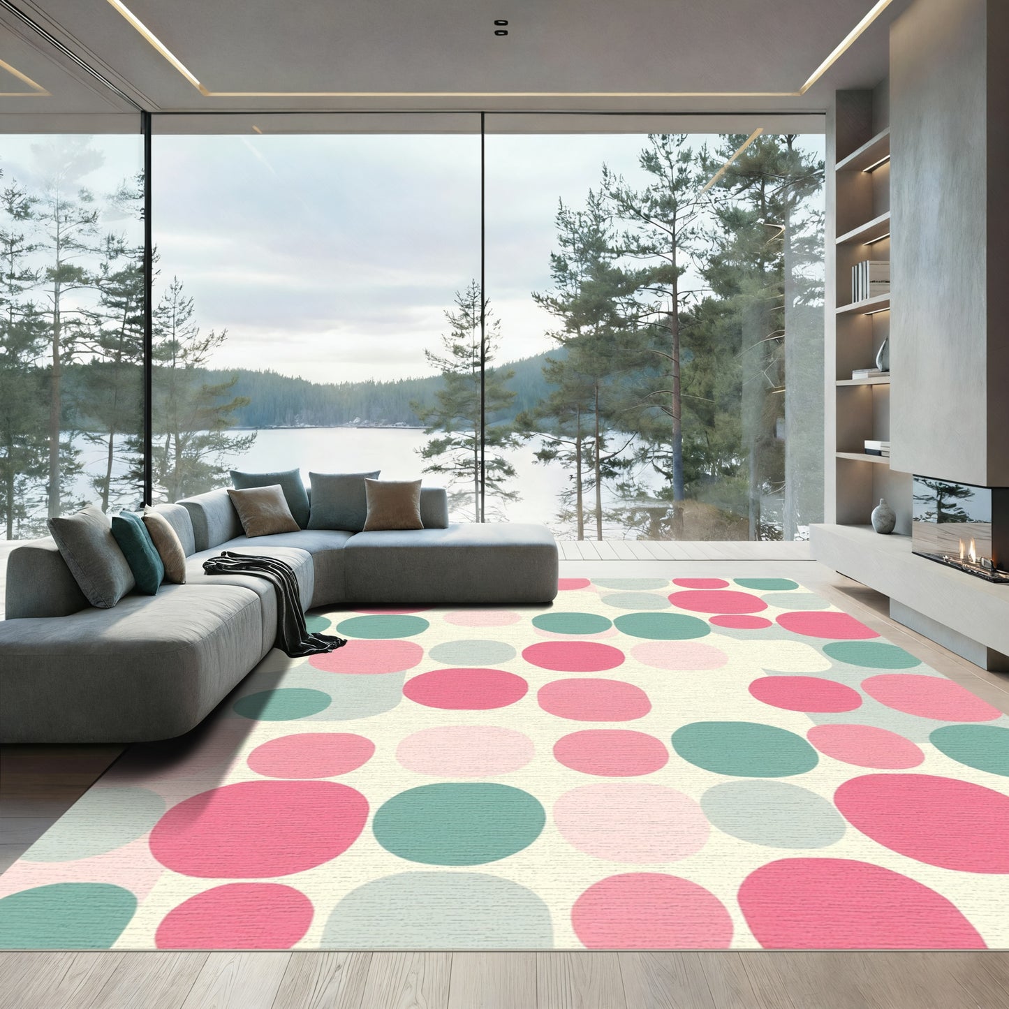 Soft Pink Teal Circles Arrangement Rug