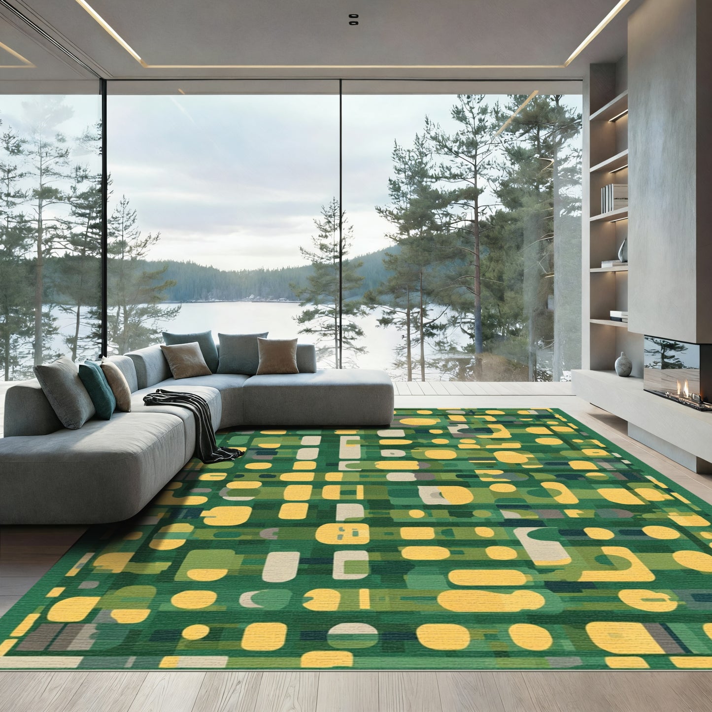 Green Yellow Abstract Organic Shapes Rug