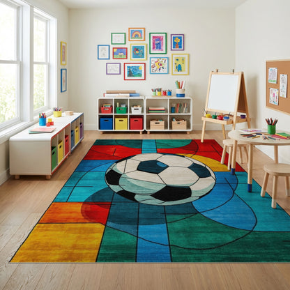 Vibrant Geometric Soccer Ball Rug