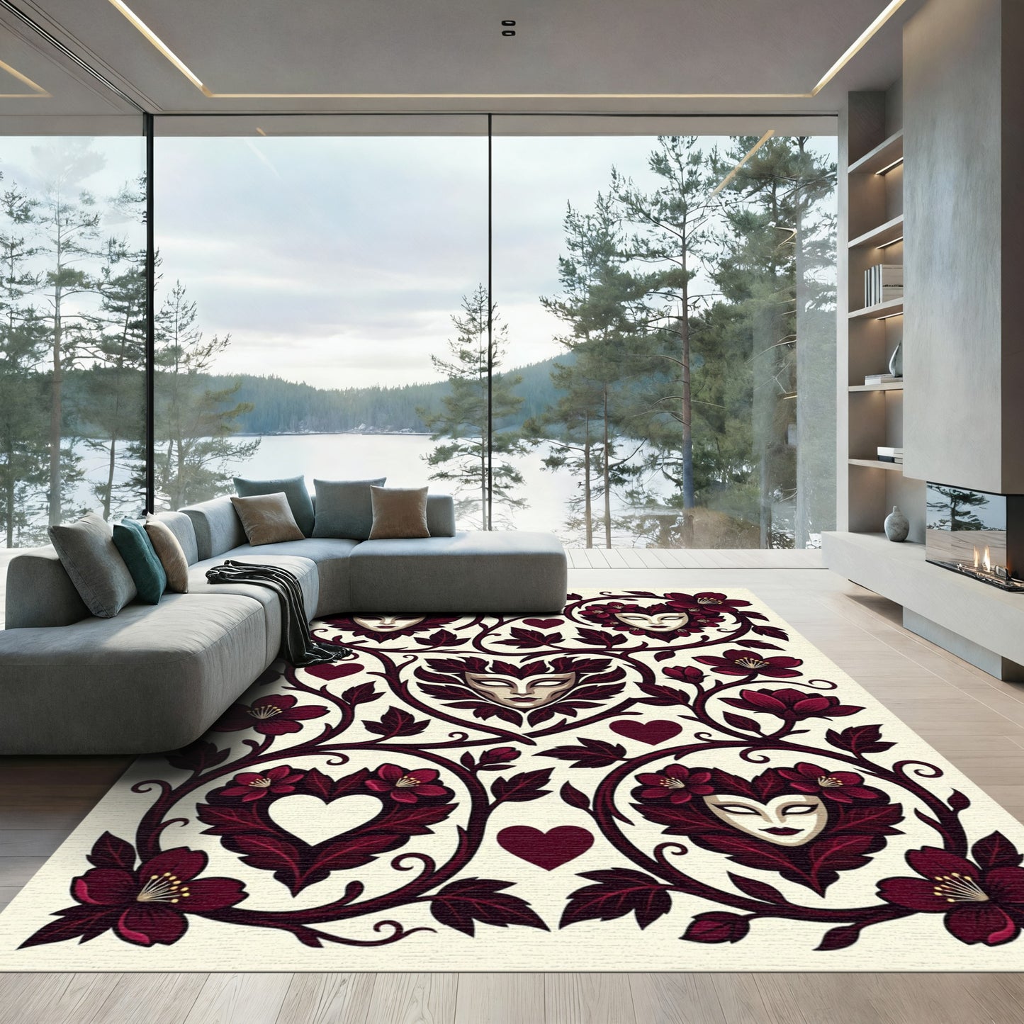 Deep Red Venetian Mask Floral Scroll Rug