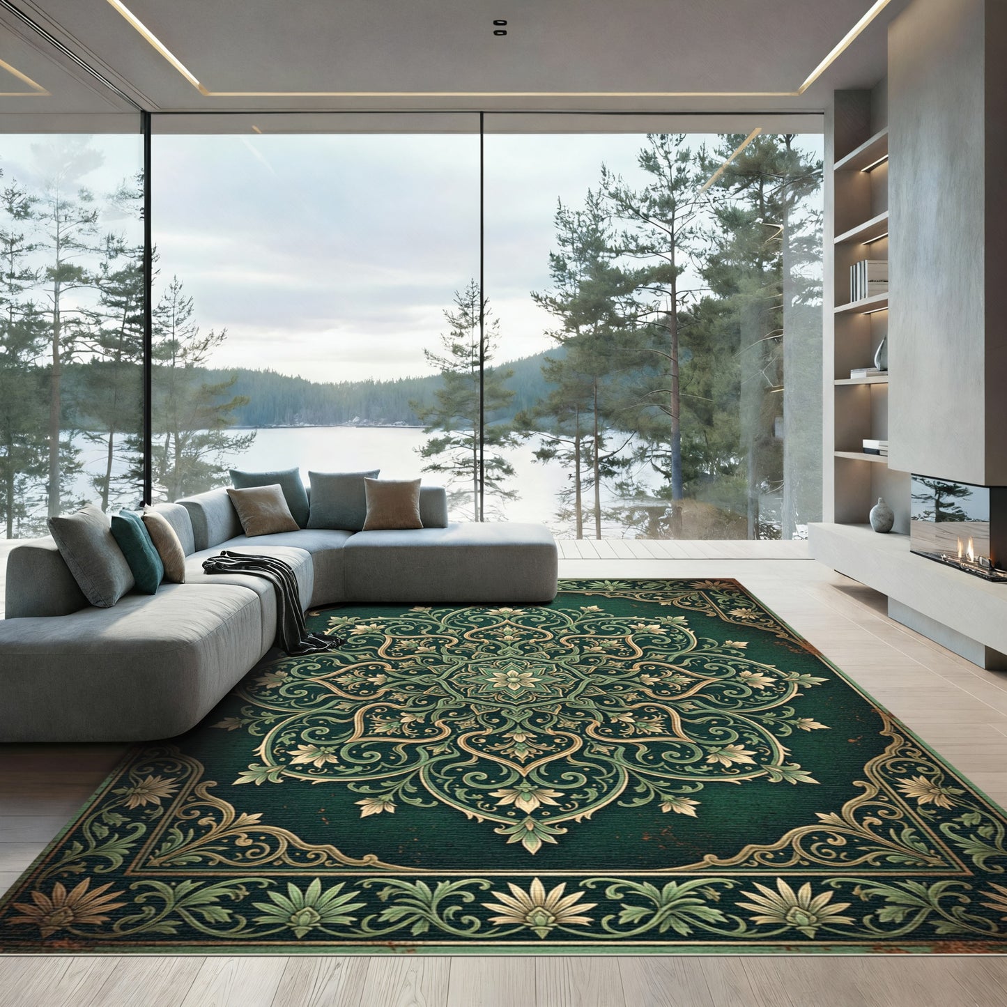 Emerald Ornate Floral Medallion Scroll Rug