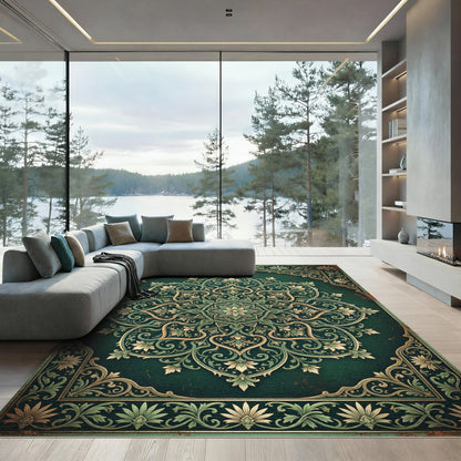 Emerald Ornate Floral Medallion Scroll Rug