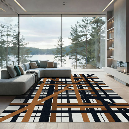 Modern Geometric Black and Sienna Intersecting Lines Rug