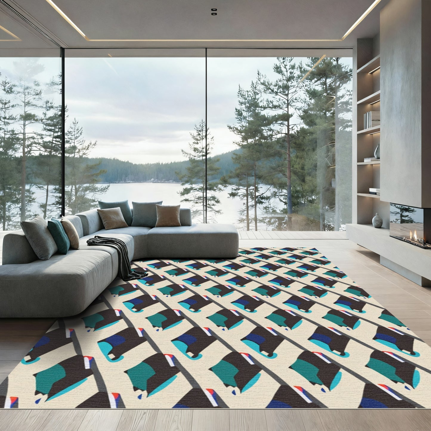 Abstract Teal Black Diamond Array Rug