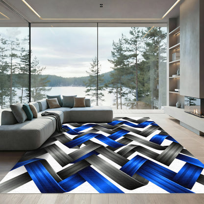 Abstract Blue and Gray Interlocking Weave Rug
