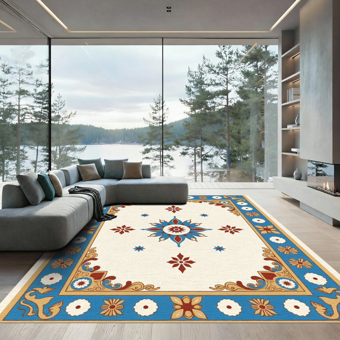 Blue Red Floral Starburst Centerpiece Rug