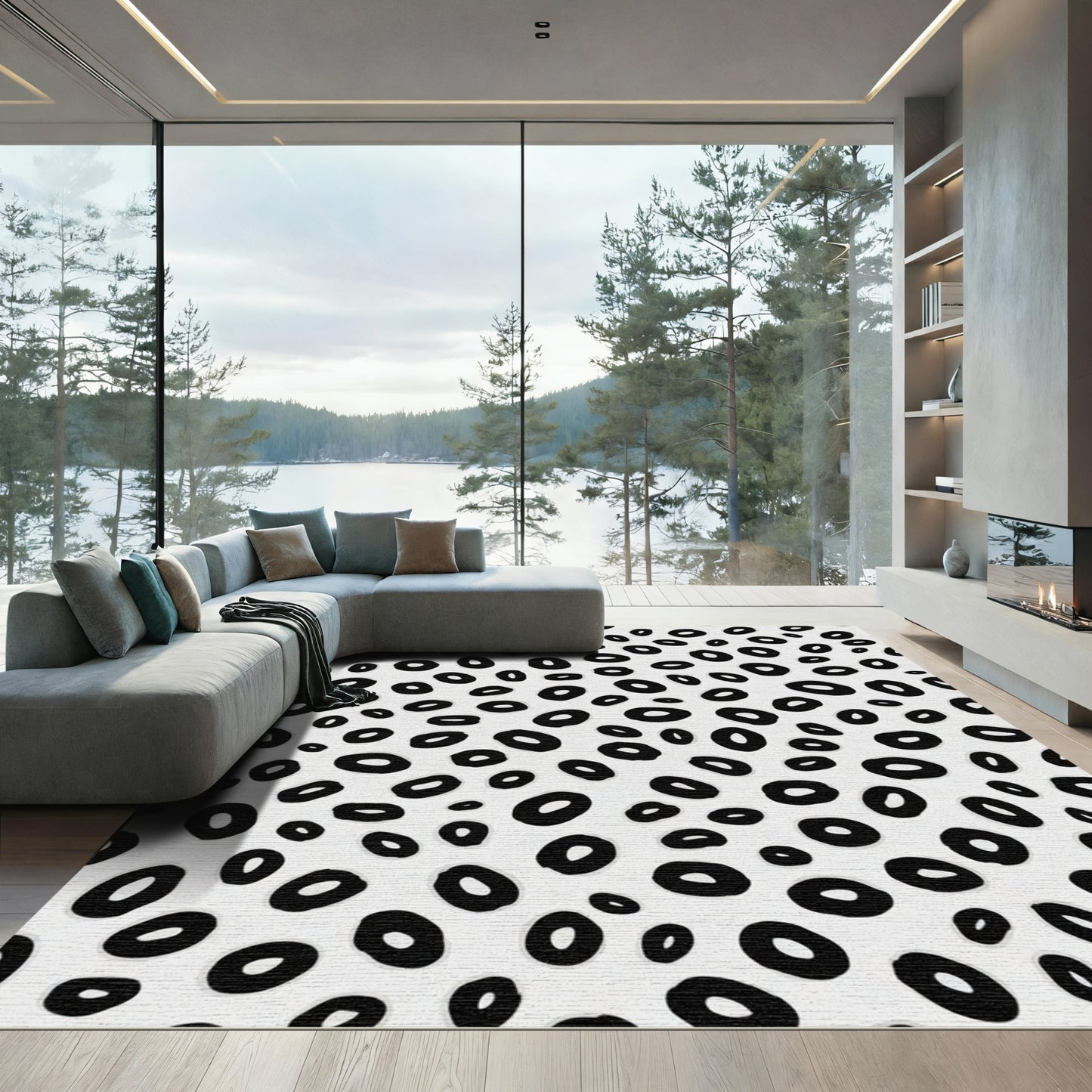 Abstract Black Oval Spot Print Rug