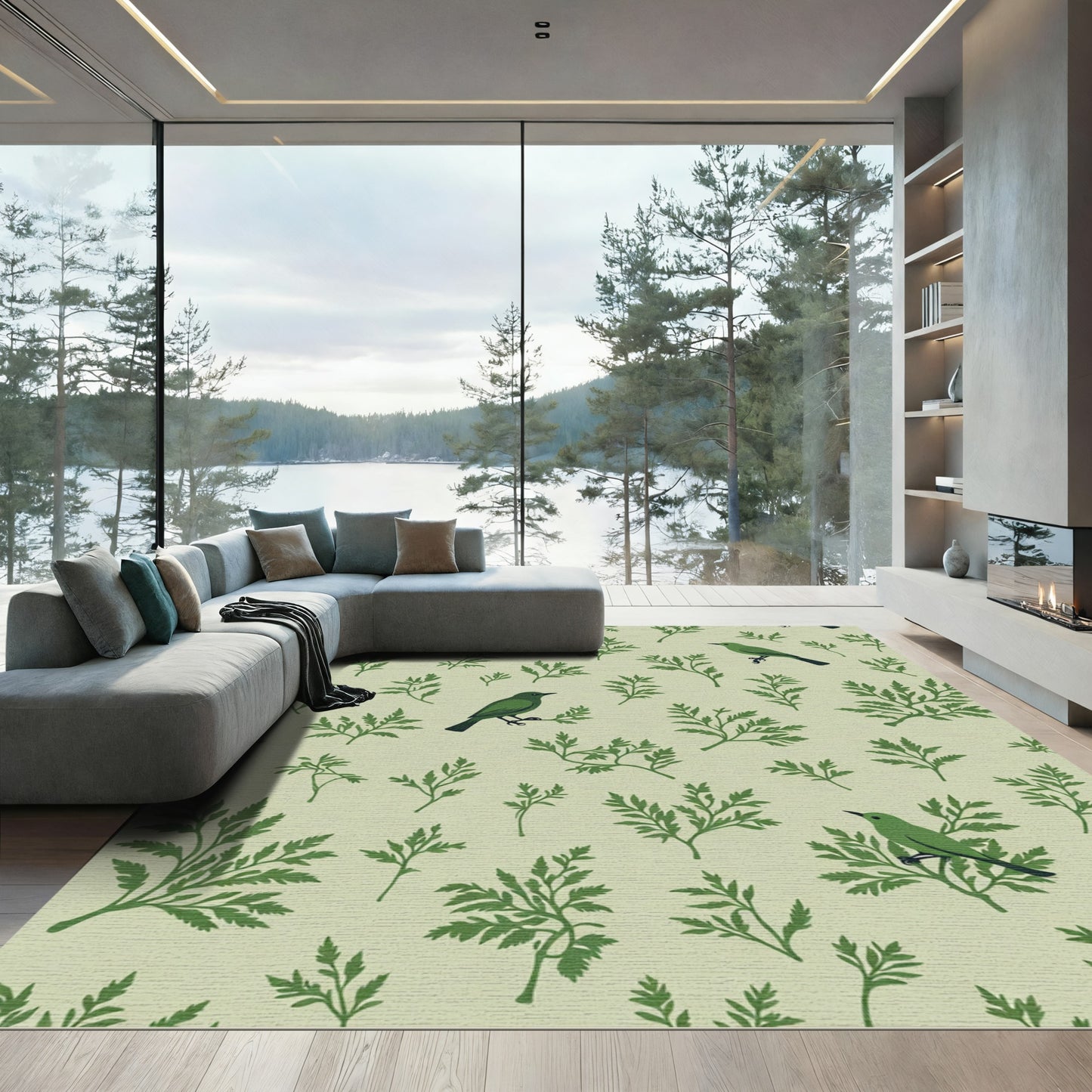 Green Birds Amongst Fern Fronds Rug