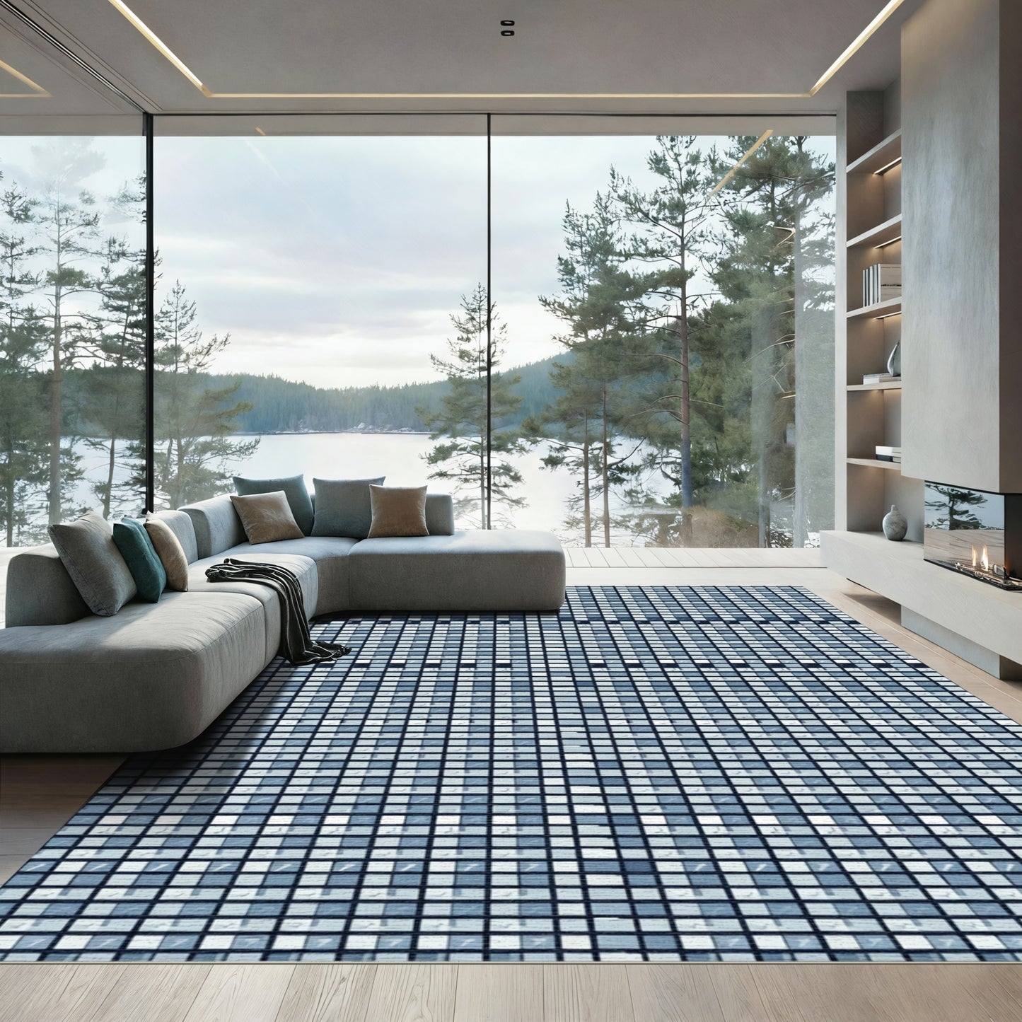 Cool Blue Mosaic Grid Rug