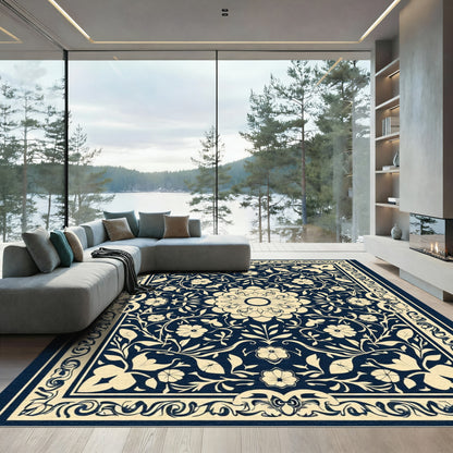 Cream Floral Scroll Border Navy Rug