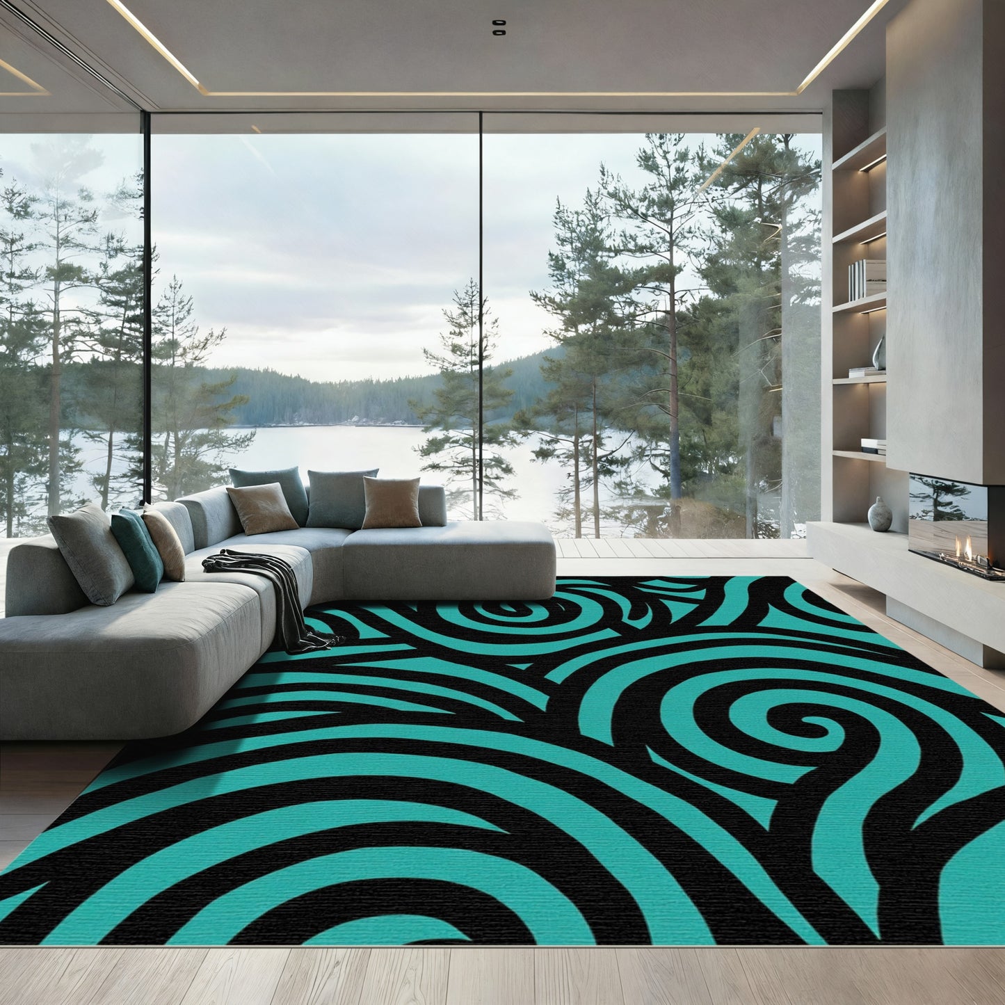 Bold Black Azure Swirls Rug