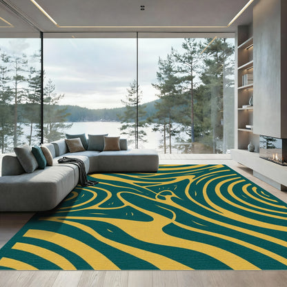 Deep Teal Yellow Swirl Flow Rug