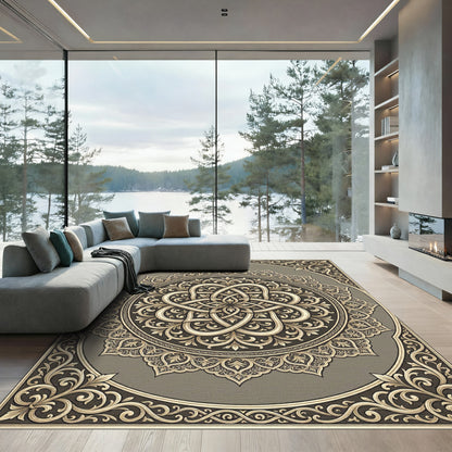 Ornate Golden Interlocking Mandala Rug