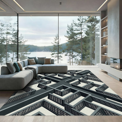 Monochromatic Geometric Isometric Labyrinth Maze Rug
