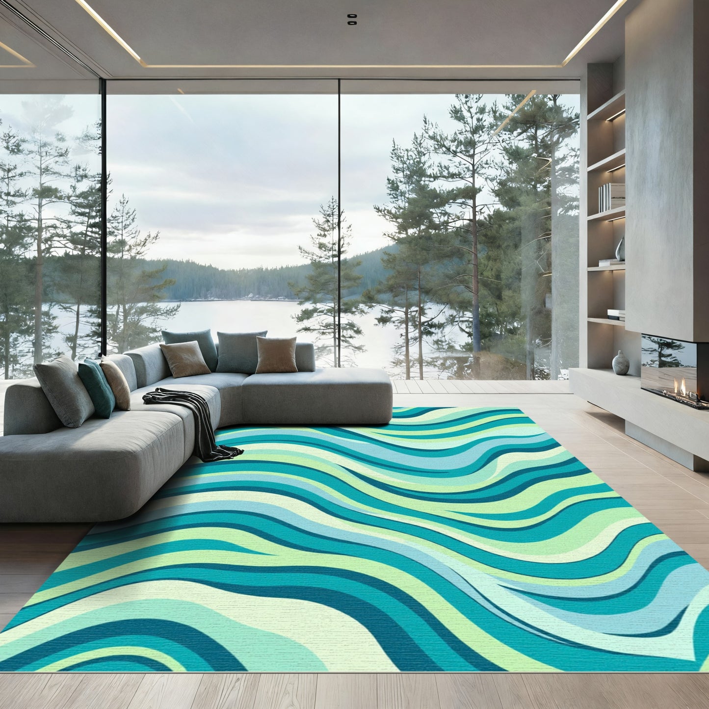 Teal Blue Green Wavy Striped Rug