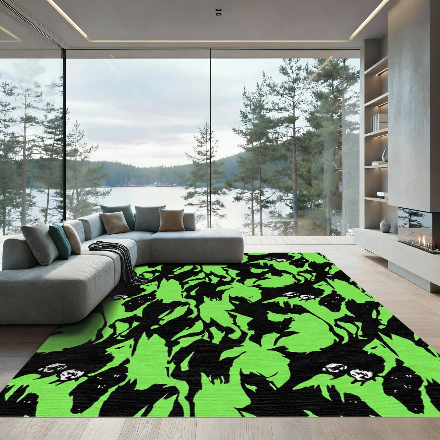 Electric Green Black Abstract Creatures Rug